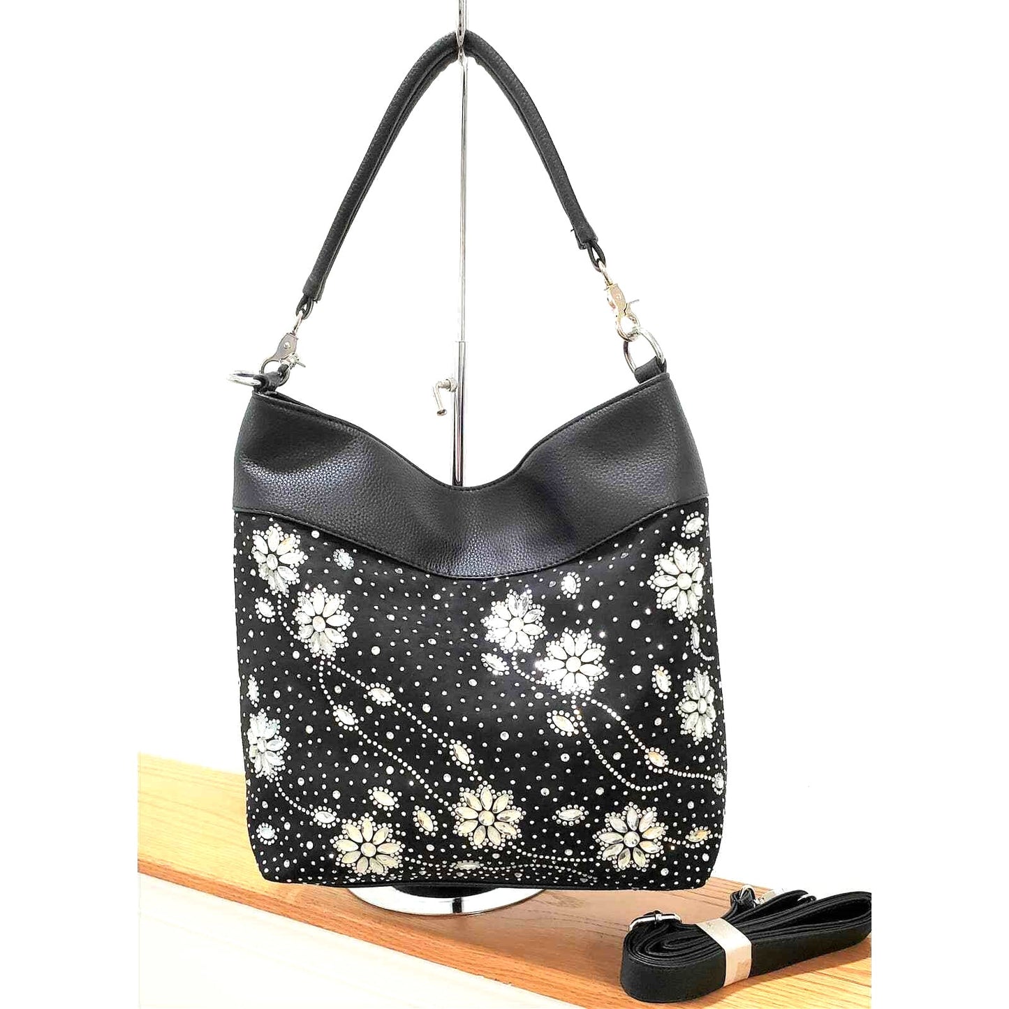 Black Rhinestone Floral Design Hobo