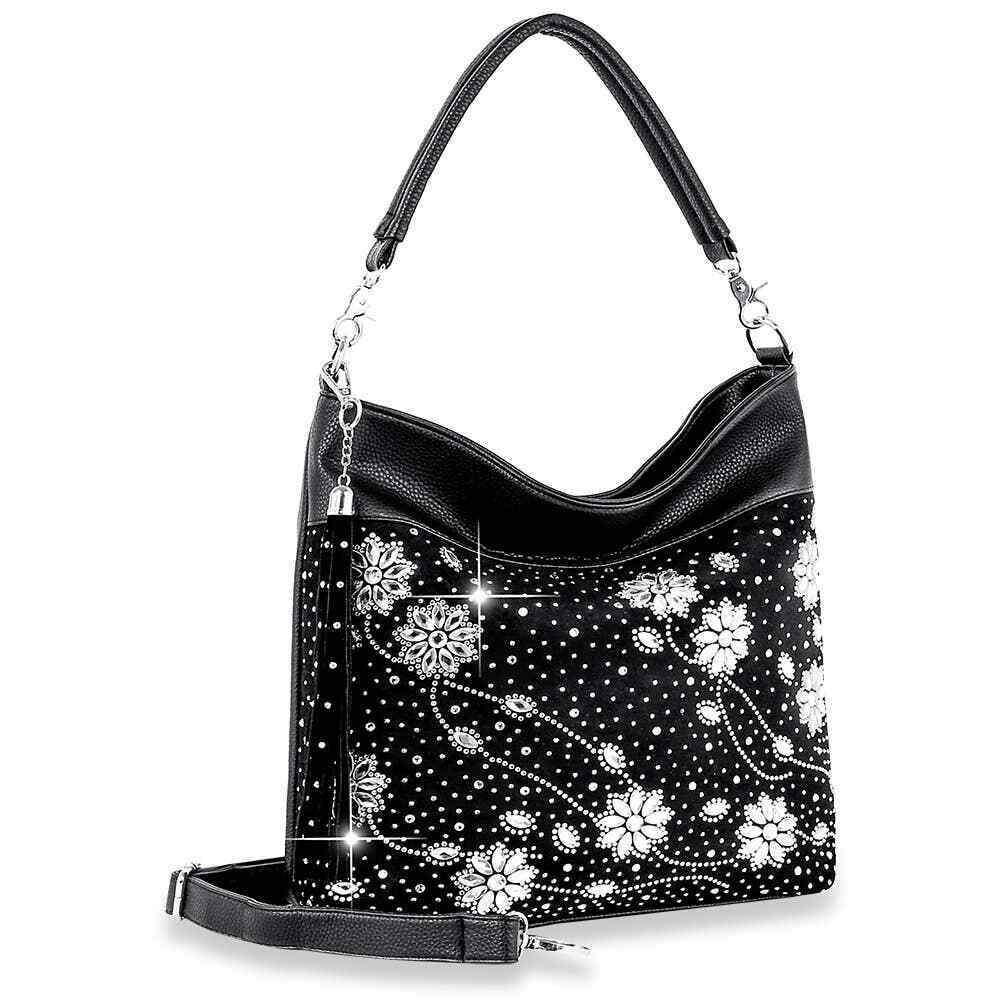 Black Rhinestone Floral Design Hobo