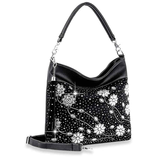 Black Rhinestone Floral Design Hobo