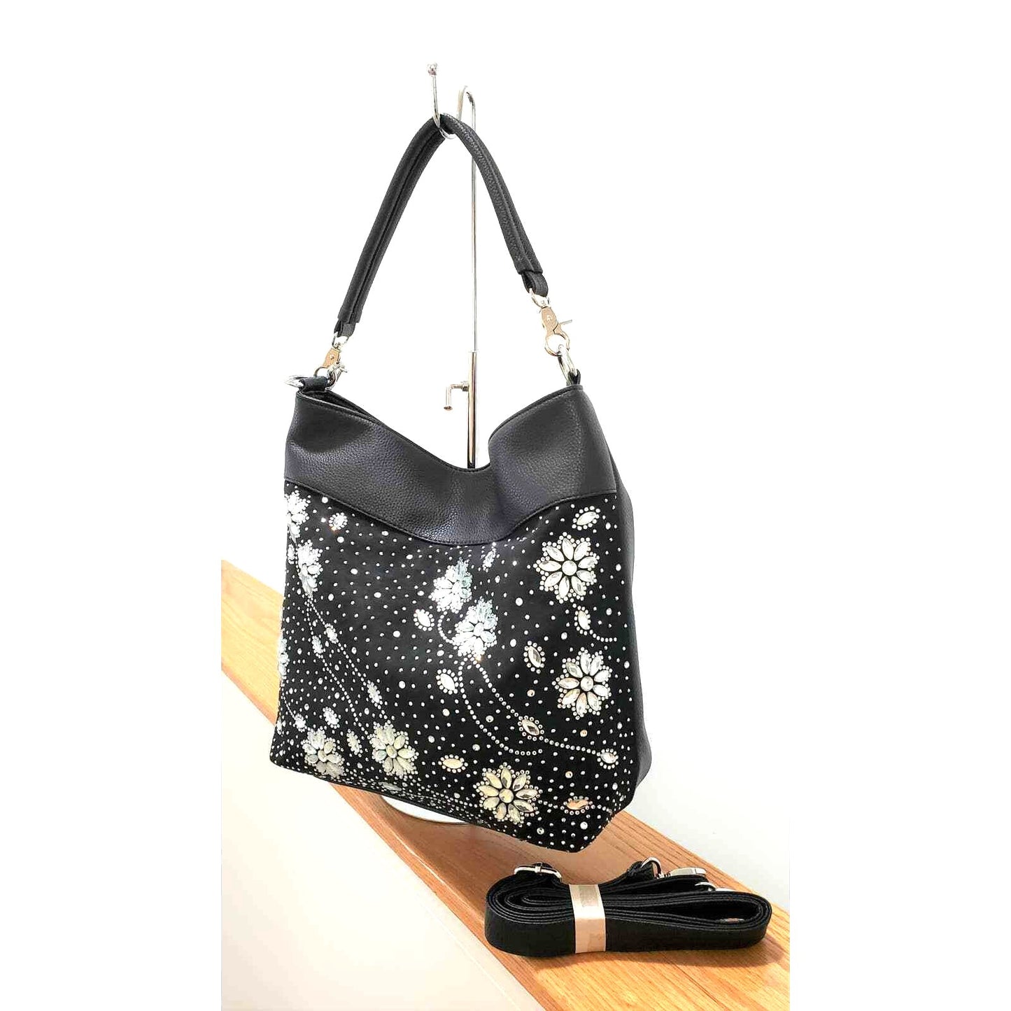 Black Rhinestone Floral Design Hobo