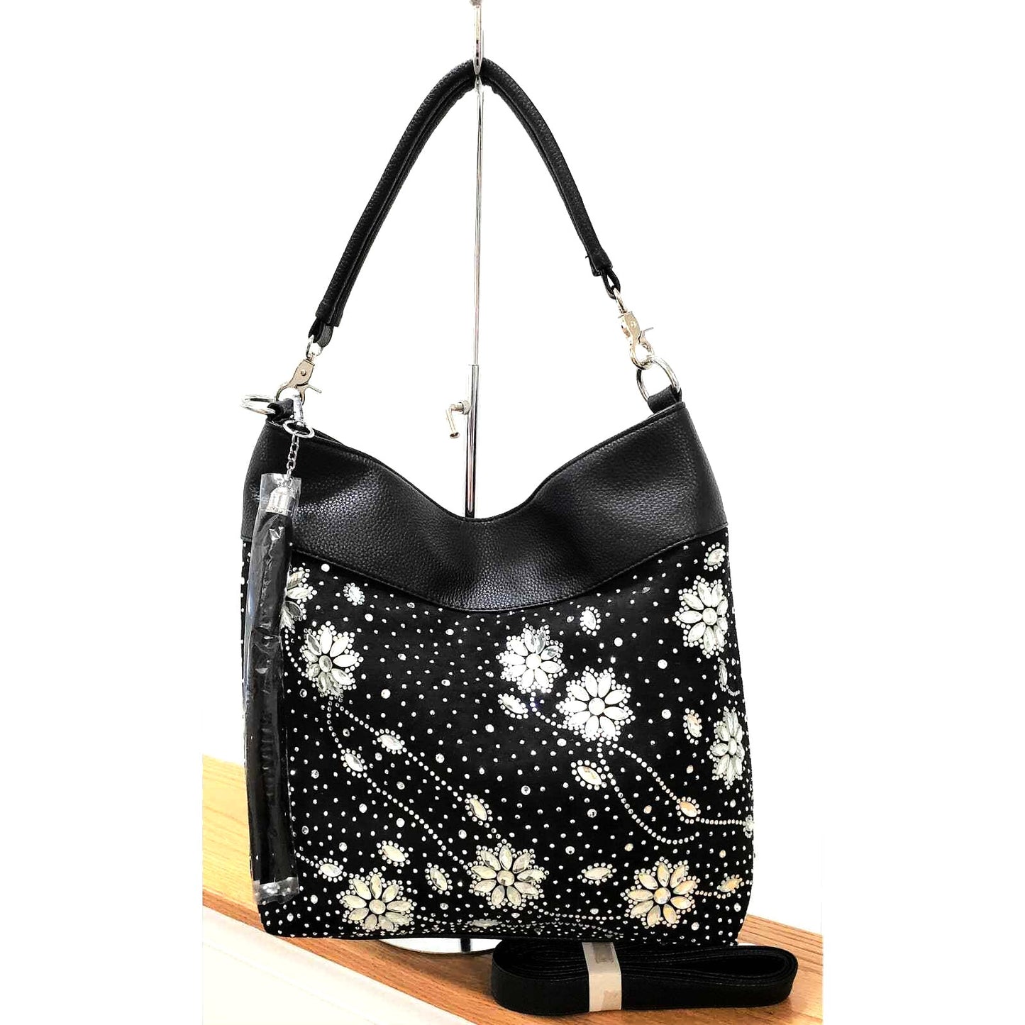 Black Rhinestone Floral Design Hobo